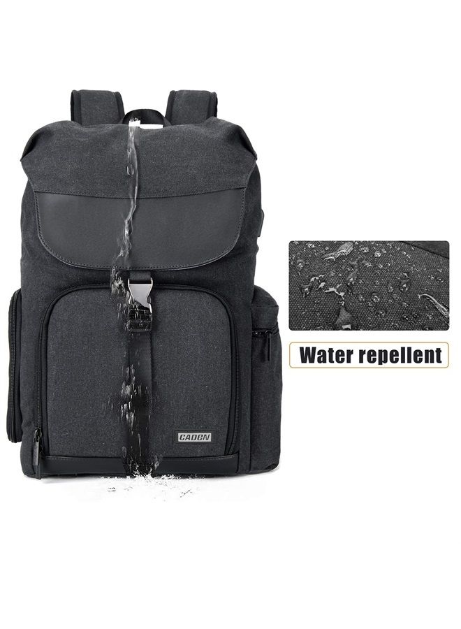 Camera Backpack Canvas Camera Bag for DSLR/SLR Mirrorless Camera with 15.6 inches Laptop Compartment, Camera Case Compatible for Sony Canon Nikon Cameras and Lens Tripod Waterproof Black