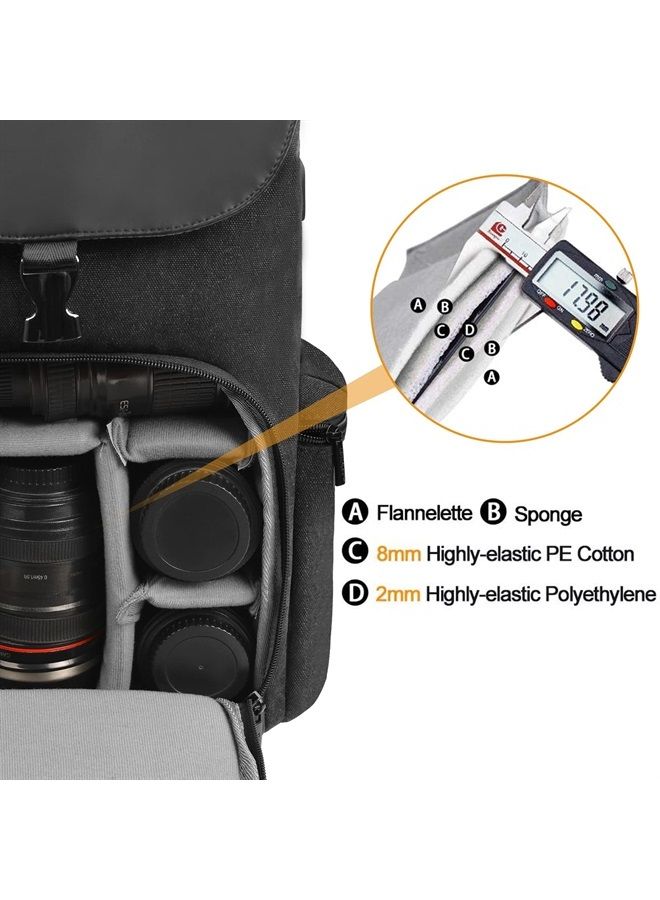Camera Backpack Canvas Camera Bag for DSLR/SLR Mirrorless Camera with 15.6 inches Laptop Compartment, Camera Case Compatible for Sony Canon Nikon Cameras and Lens Tripod Waterproof Black