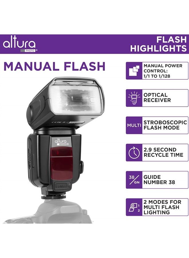 Camera Flash W/LCD Display for DSLR & Mirrorless Cameras, External Flash Featuring a Standard Hot Flash Shoe, Universal Camera Flash for Canon, Sony, Nikon, Panasonic and Other Cameras with Pouch