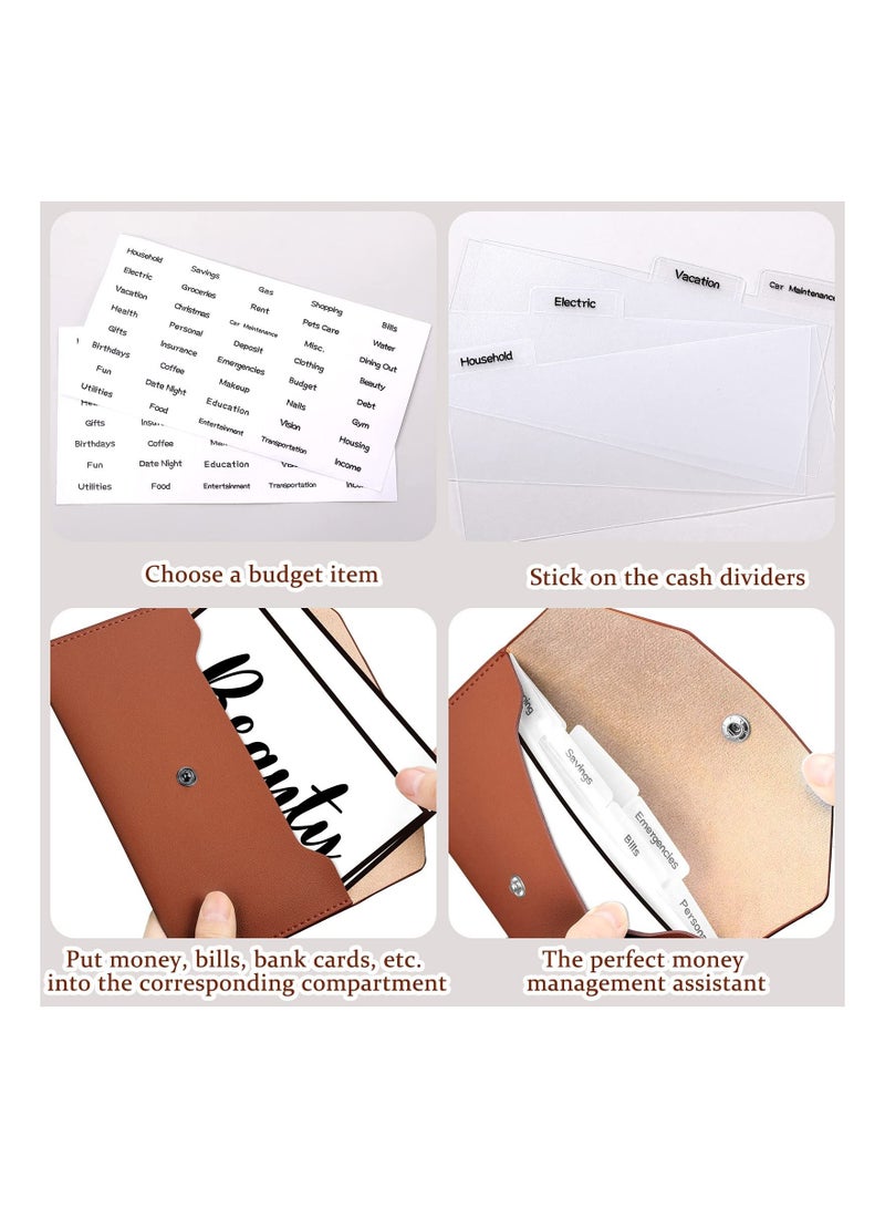 11 Pieces Cash Envelope Wallet PU Leather Cash Envelopes Cash Wallet Reusable Budget Envelope Cash Dividers for Wallets with Cash Envelope Tab Stickers for Bill Planner (Brown Wallet)