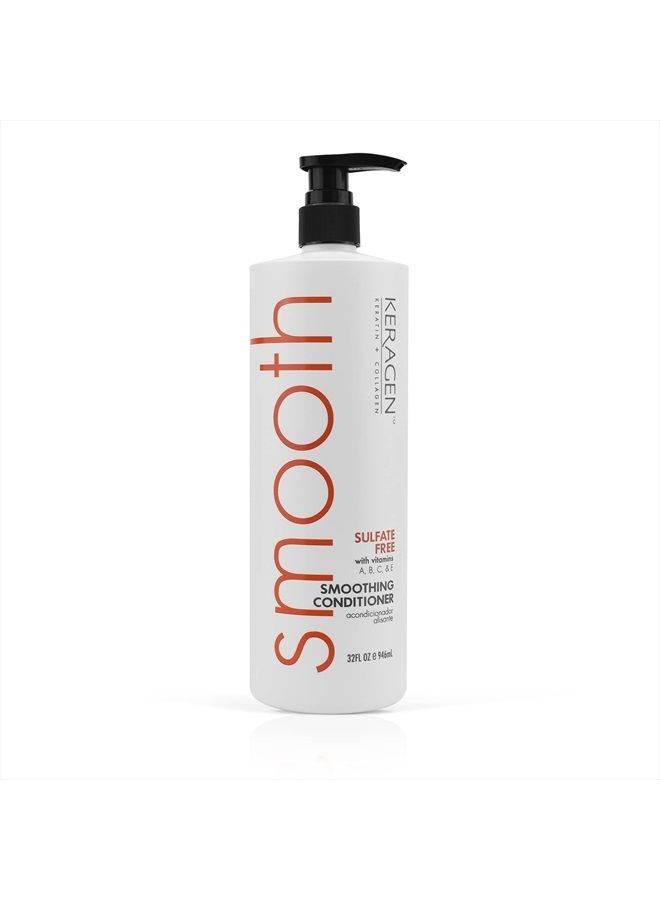 Smoothing Conditioner with Keratin and Collagen for All Hair Types, Sulfate Free, 32 Oz - Moisturizes, Strengthens, Protects Color and Repair - Panthenol, Vitamins, and Jojoba Oil