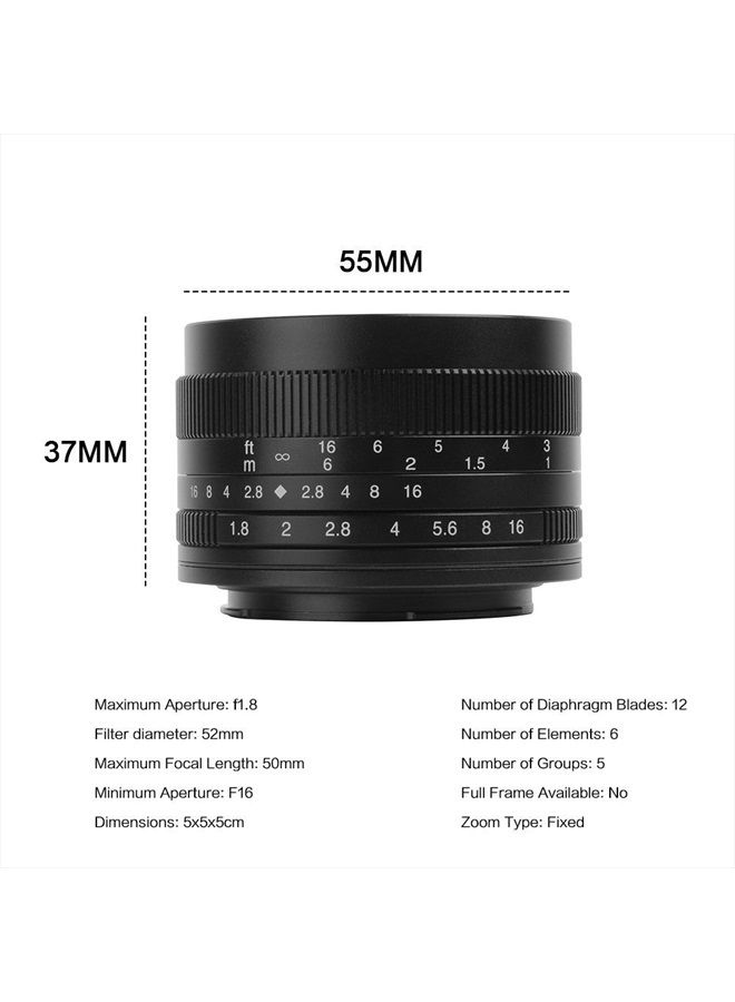 50mm F1.8 APS-C Manual Fixed Lens for Fuji Cameras X-A1 X-A10 X-A2,X-A3 X-at X-M1 XM2 X-T1 X-T10 X-T2 X-T20 X-Pro1 X-Pro2 X-E1 X-E2 X-E2s-Black