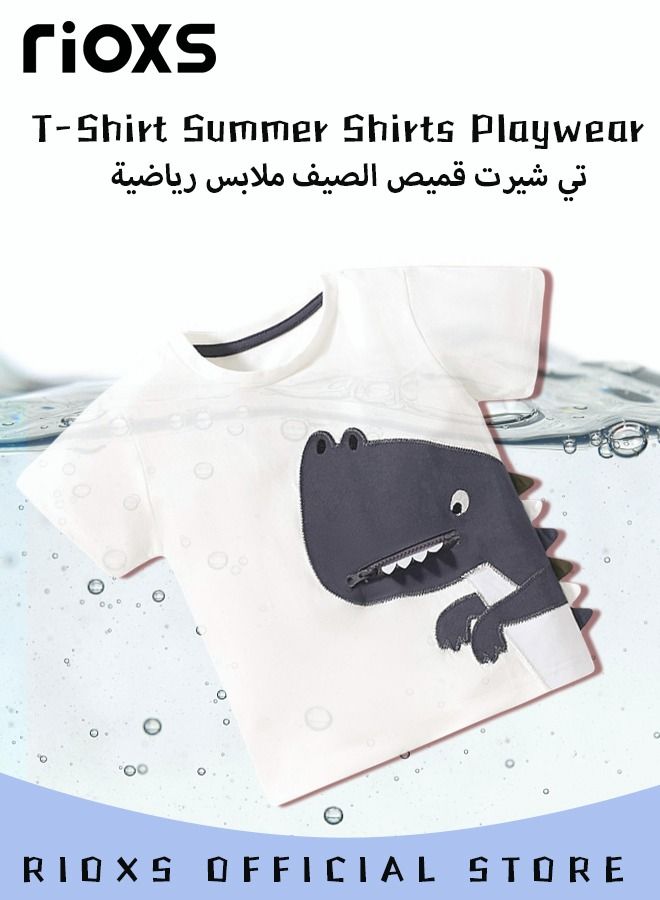 Toddler Boys Fashion Cartoon Graphic Dinosaur Tops, Breathable Soft 100% Cotton T-Shirt, Graphic Short Sleeve Tees, Perfect for Daily Wearing, School and other Outdoor Activities