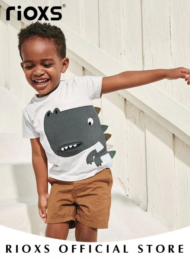 Toddler Boys Fashion Cartoon Graphic Dinosaur Tops, Breathable Soft 100% Cotton T-Shirt, Graphic Short Sleeve Tees, Perfect for Daily Wearing, School and other Outdoor Activities