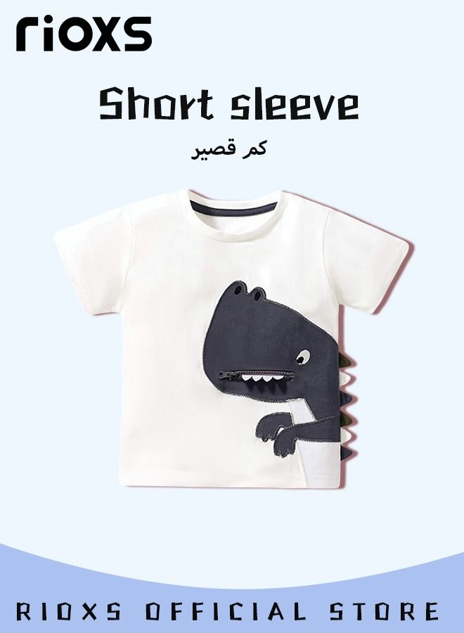 Toddler Boys Fashion Cartoon Graphic Dinosaur Tops, Breathable Soft 100% Cotton T-Shirt, Graphic Short Sleeve Tees, Perfect for Daily Wearing, School and other Outdoor Activities