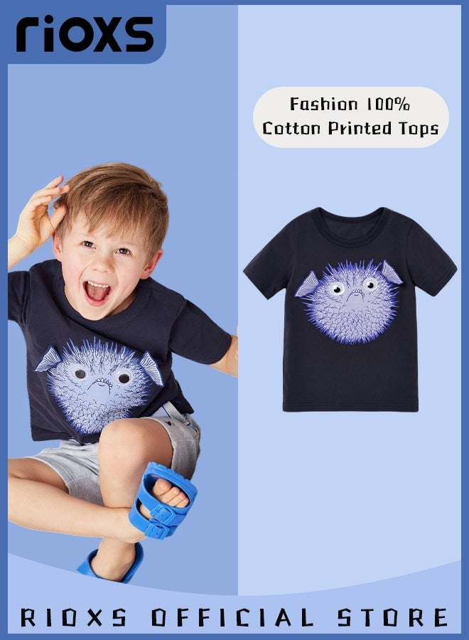 Toddler Boys Fashion Cartoon Tops, Breathable Soft 100% Cotton T-Shirt, Classic Graphic Short Sleeve Tees, Perfect for Daily Wearing, School and Other Outdoor Activities