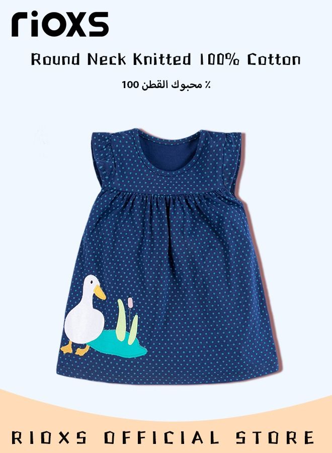 Girls Stylish Round Neck Dress, Short Sleeve Comfortable Dress with Adorable Pattern, Wonderful Summer Dresses for Girls, Comfortable to Wear, Suitable for Daily Wear, Vacation and Other Occasions, Great Gift Choice for Girls