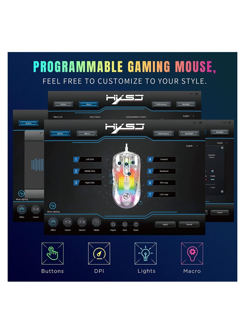 X400 Clear Gaming mouse Wired Transparent Gaming Mouse 12800DPI 6 Button Macro Programming