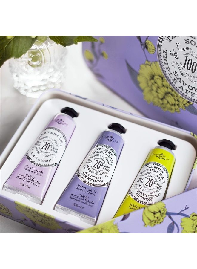 Hand Cream Lavender Trio Gift Tin | Graduation Present | Teacher Gift | Ready-To-Gift Decorative Tin | Set of 3 x 1 fl. oz | Plant-Based | Made in France | 20% Organic Shea Butter & Arga