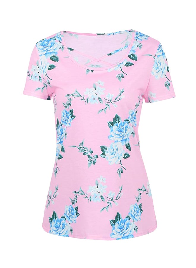 Floral Printed Short Sleeves Cross Straps T-shirt Pink