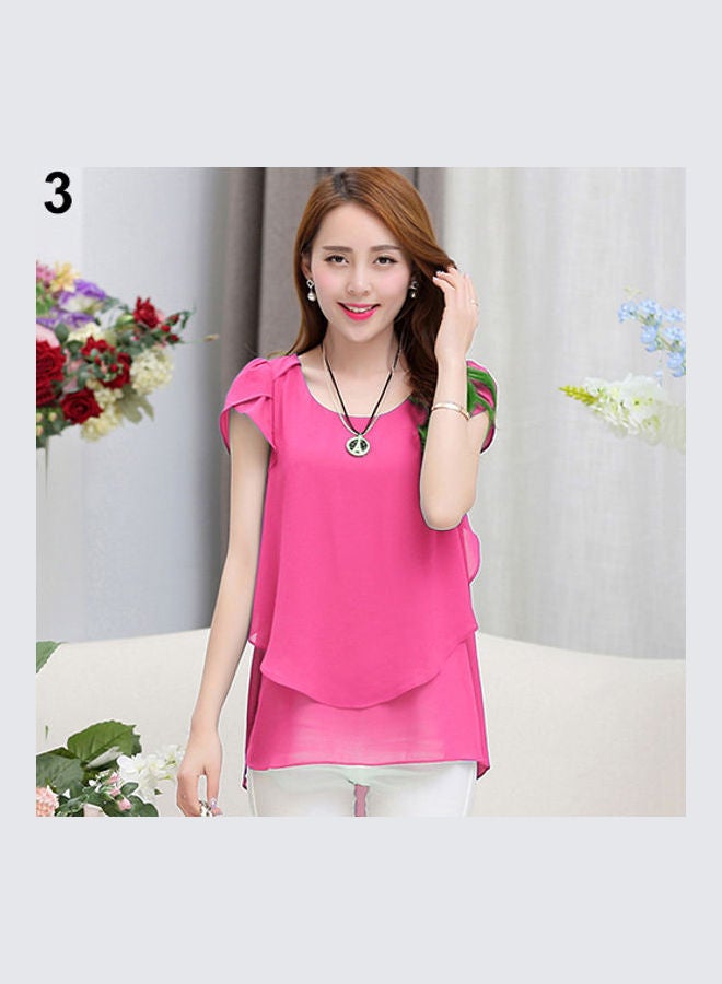 Women's Fashion Summer Short Sleeve Loose Chiffon T-shirt Round Neck Tops Blouse Rose-Red