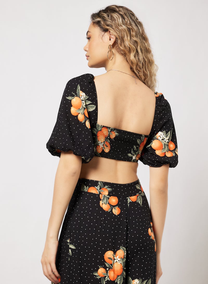 Printed Tie Front Crop Top Black