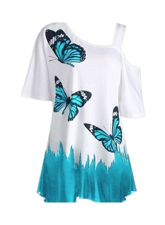 Butterfly Print Cold Shoulder Top Lake Blue/White