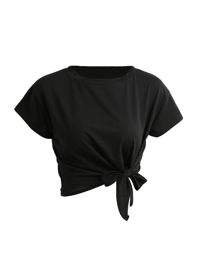 Solid T-Shirt Tie Front Short Sleeve Bow Loose Casual Tee Top Black