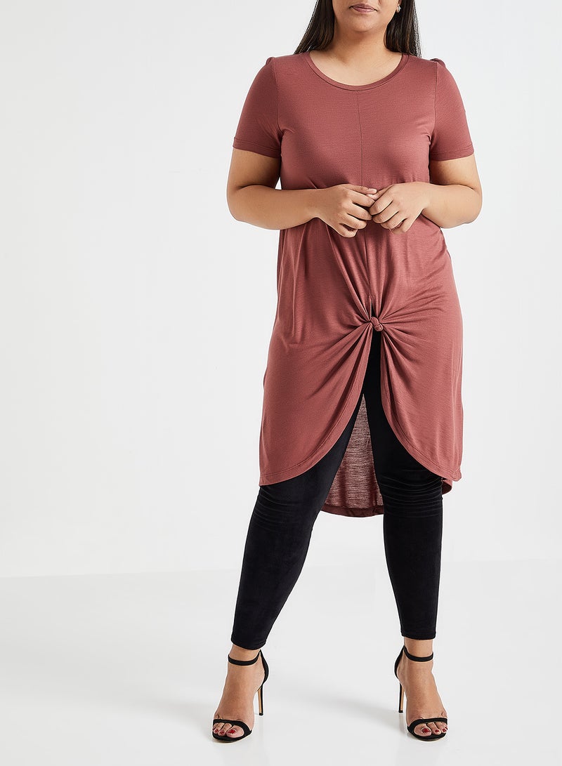Front Knot High Low T-Shirt Brown