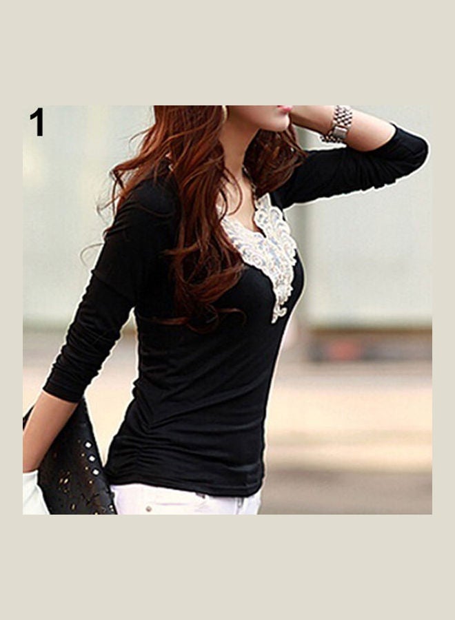 Women's Embroidery Lace Decoration Tops V Neck Long Sleeves Slim Cotton T-Shirt Black