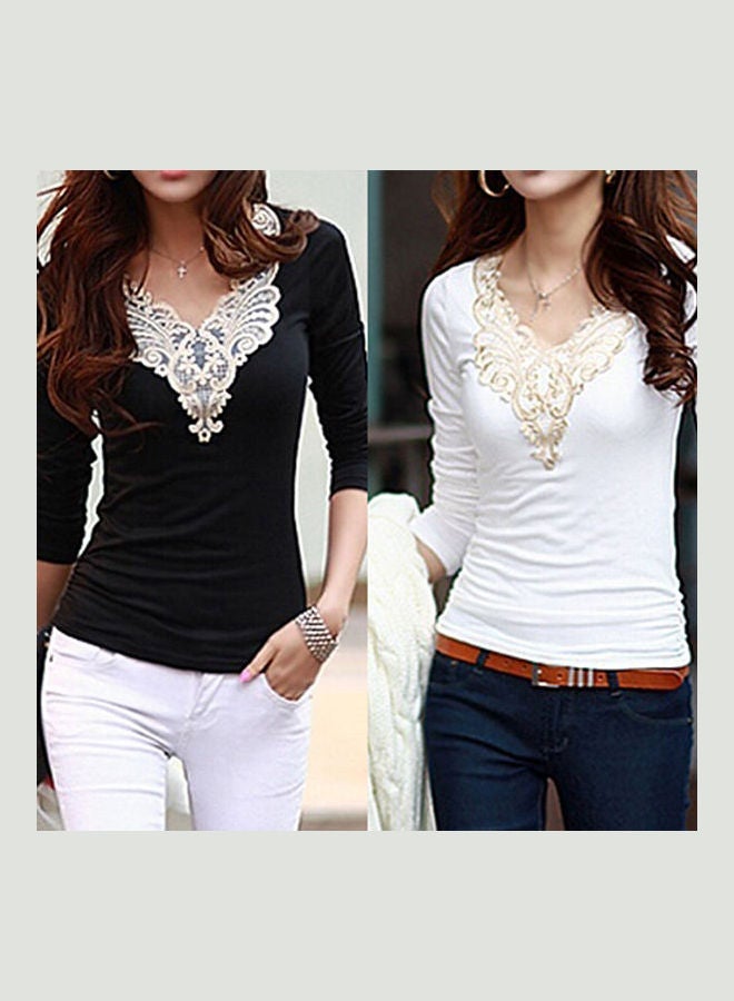 Women's Embroidery Lace Decoration Tops V Neck Long Sleeves Slim Cotton T-Shirt Black