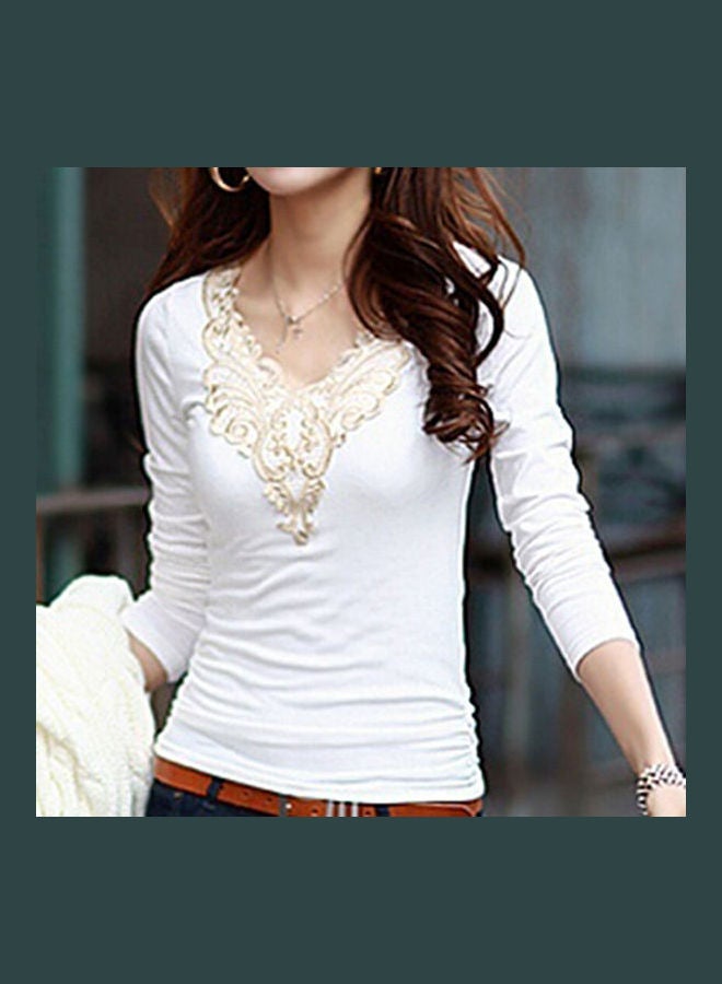 Women's Embroidery Lace Decoration Tops V Neck Long Sleeves Slim Cotton T-Shirt Black