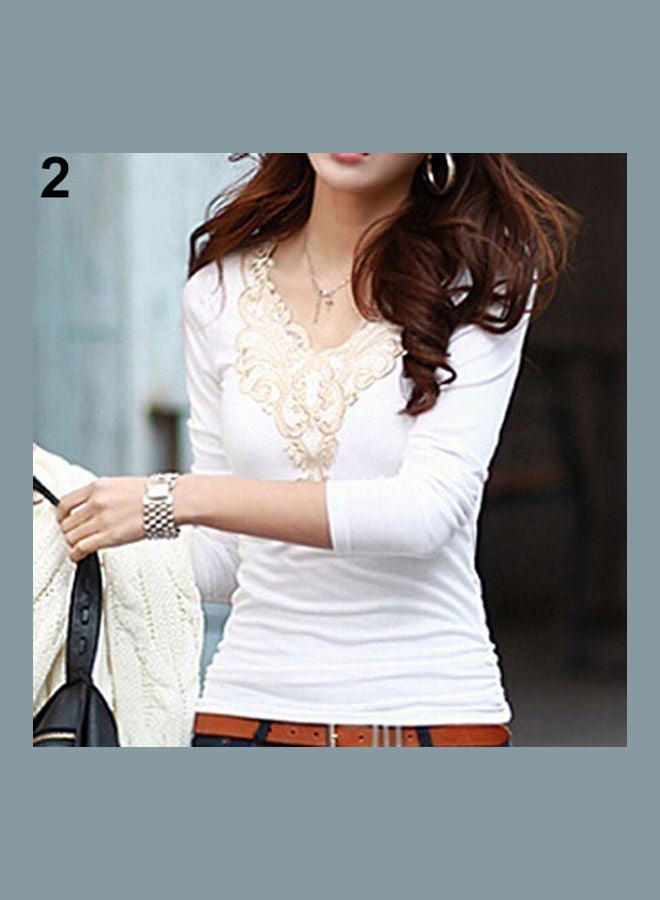 Women's Embroidery Lace Decoration Tops V Neck Long Sleeves Slim Cotton T-Shirt Black