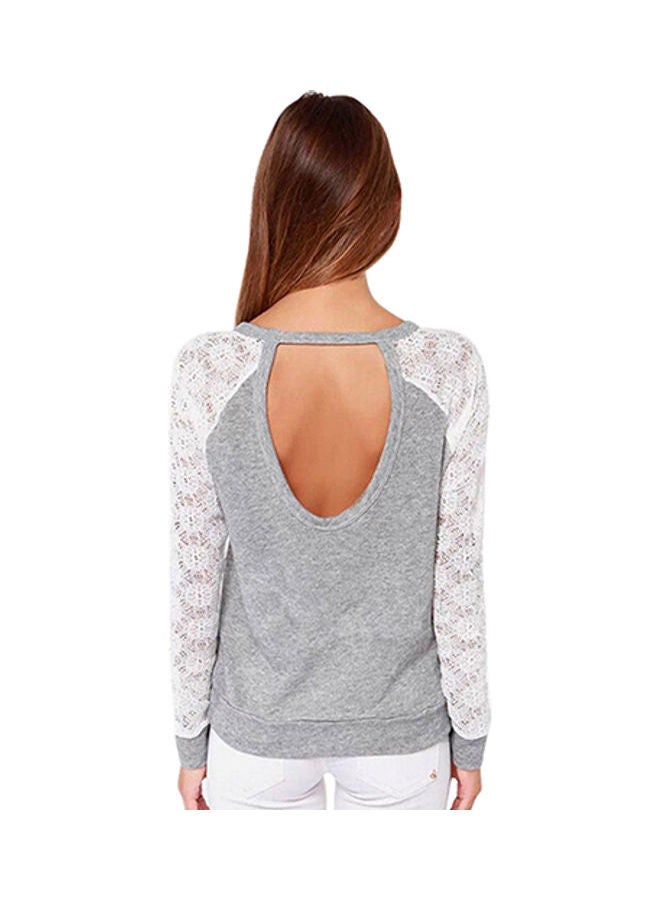 Women's Long Sleeve Lace T-Shirt Backless Embroidery Knitted Tops Pullover Grey