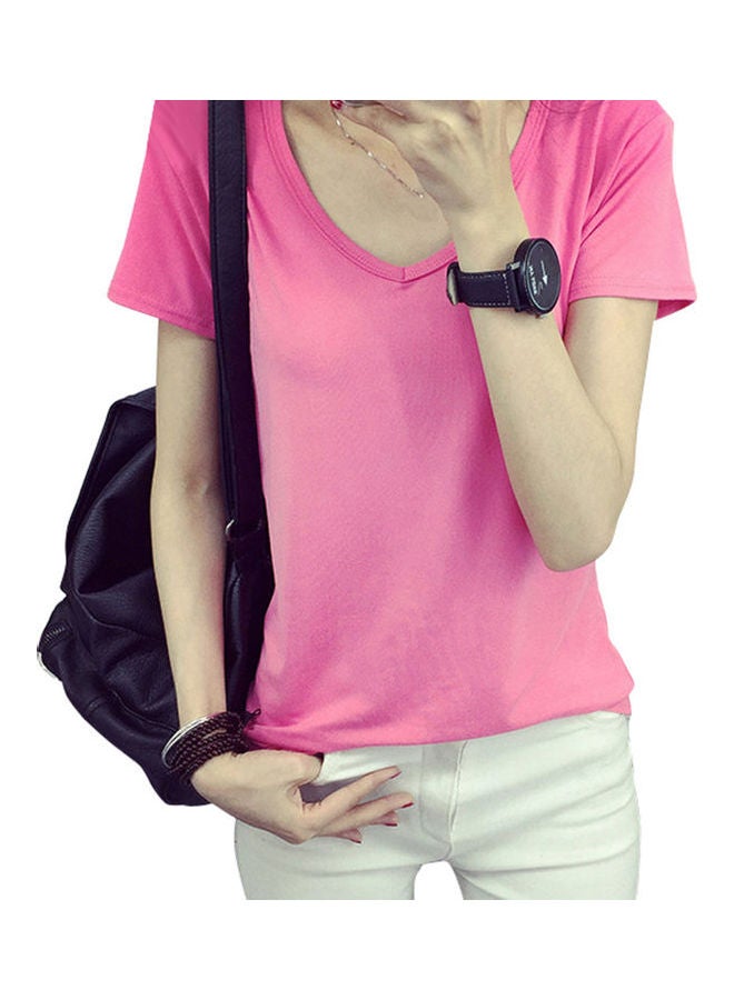 Slim Fit Basic V Neck Short Sleeve T-Shirt Rose Red