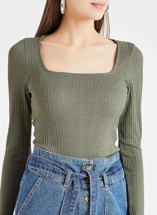 Square Neck Ribbed Top Olive