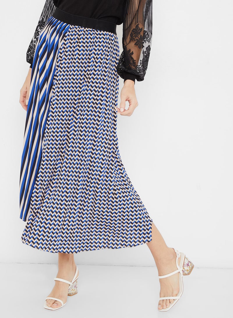 Multi Print Pleated Skirt Blue