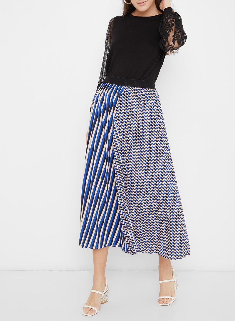 Multi Print Pleated Skirt Blue