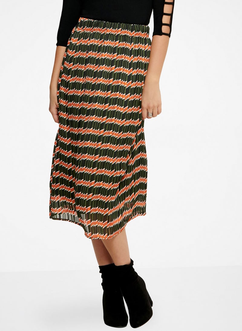 Jagged Stripe Pleated Midi Skirt Black/Red