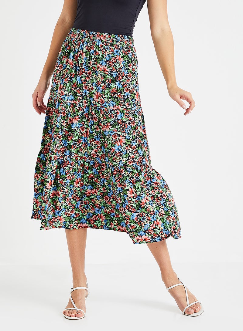 Floral Print Ruffle Hem Maxi Skirt Multicolour