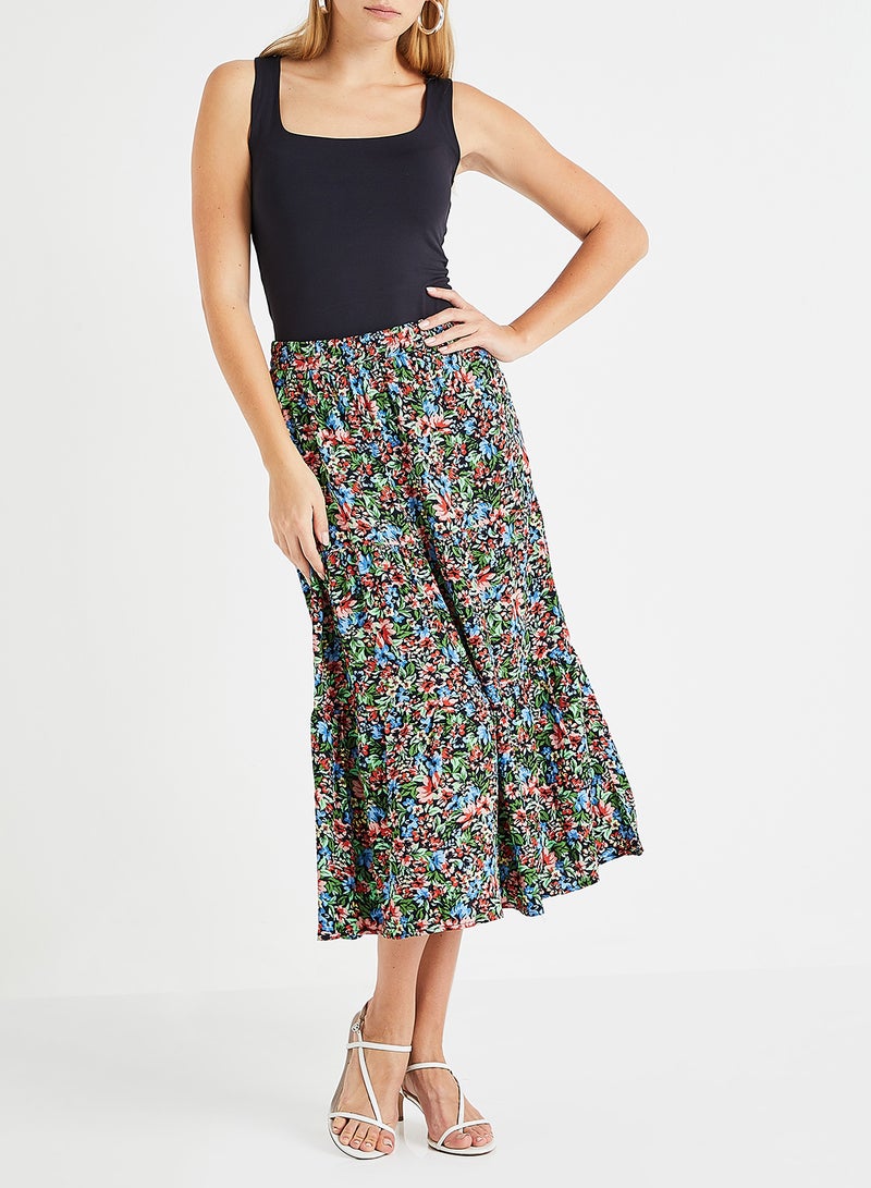 Floral Print Ruffle Hem Maxi Skirt Multicolour