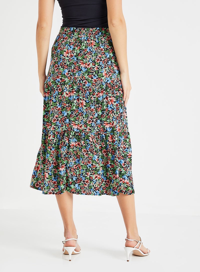 Floral Print Ruffle Hem Maxi Skirt Multicolour
