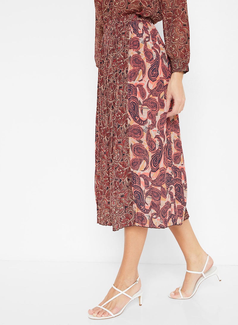 Multi Print Paisley Pleated Skirt Maroon