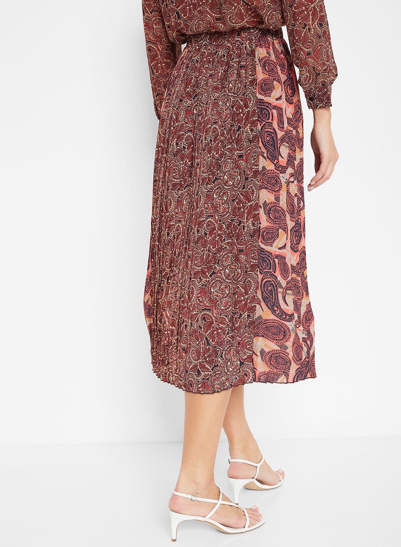 Multi Print Paisley Pleated Skirt Maroon