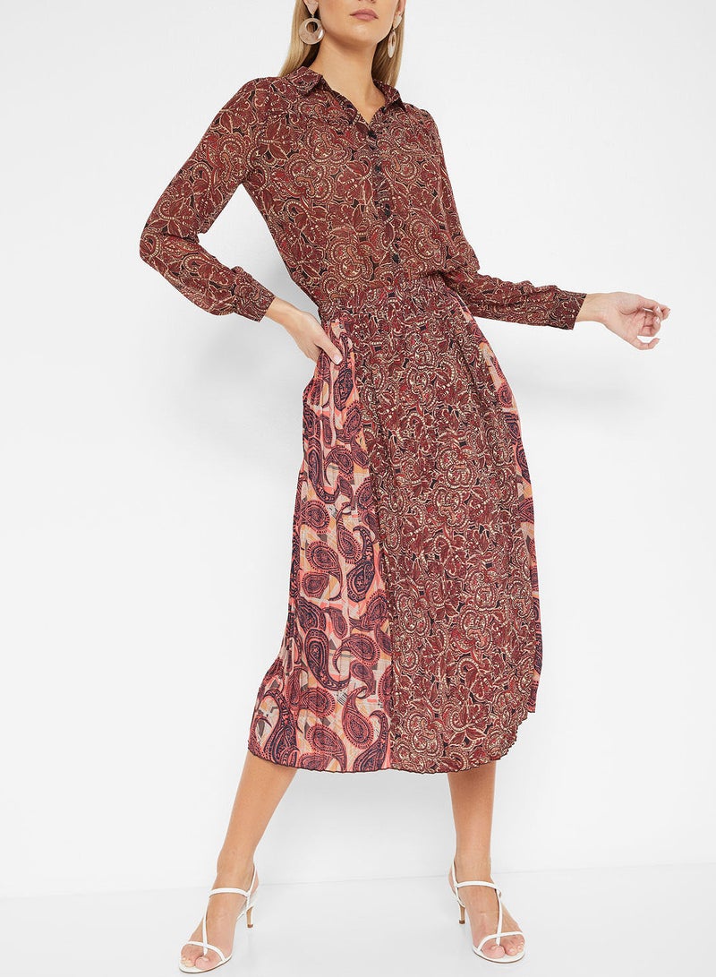 Multi Print Paisley Pleated Skirt Maroon
