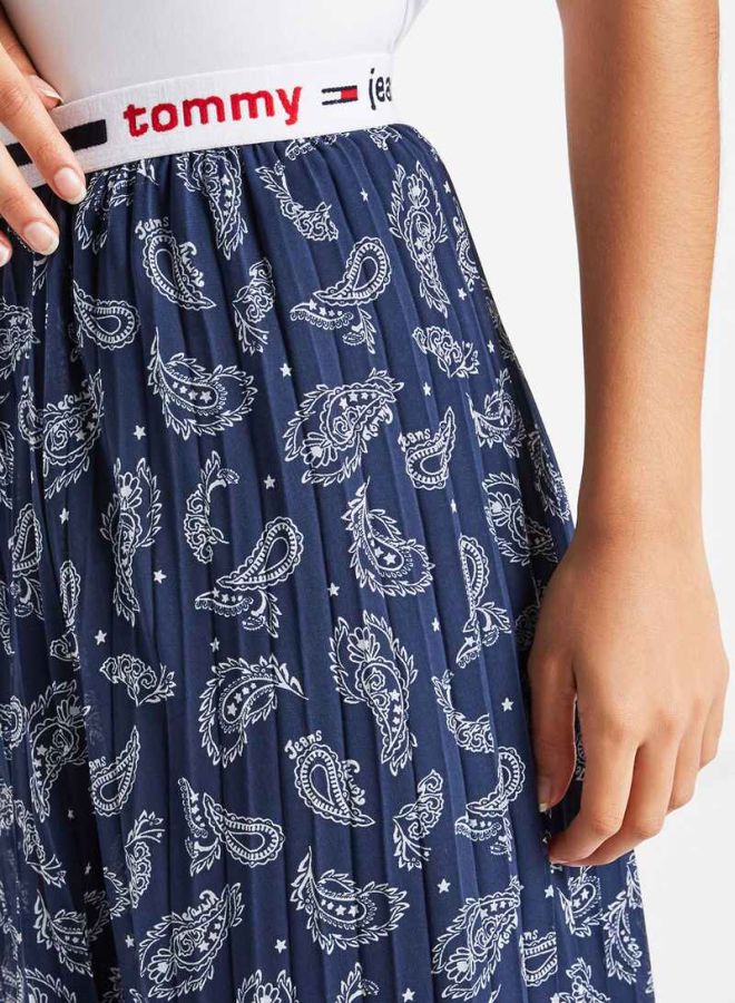 Paisley Print Pleated Midi Skirt Paisley Print/Twilight Navy