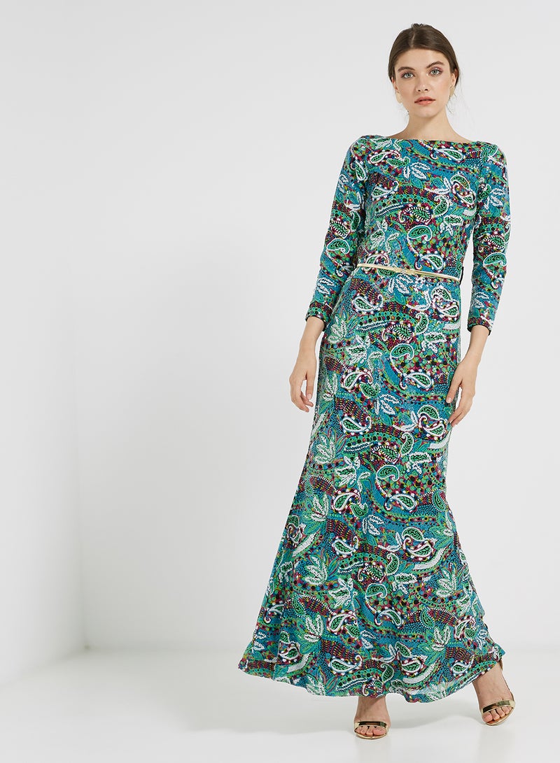 Sequin Detailed Three Quarter Sleeves Maxi Dress Multicolour