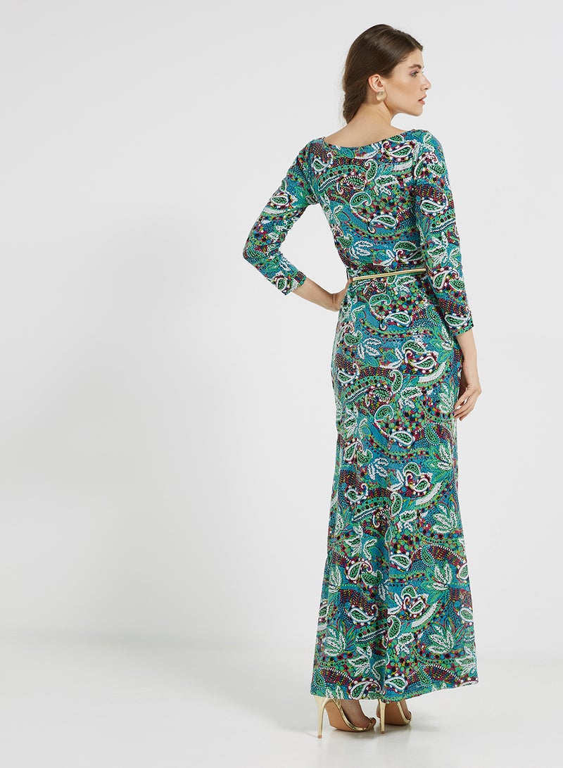 Sequin Detailed Three Quarter Sleeves Maxi Dress Multicolour