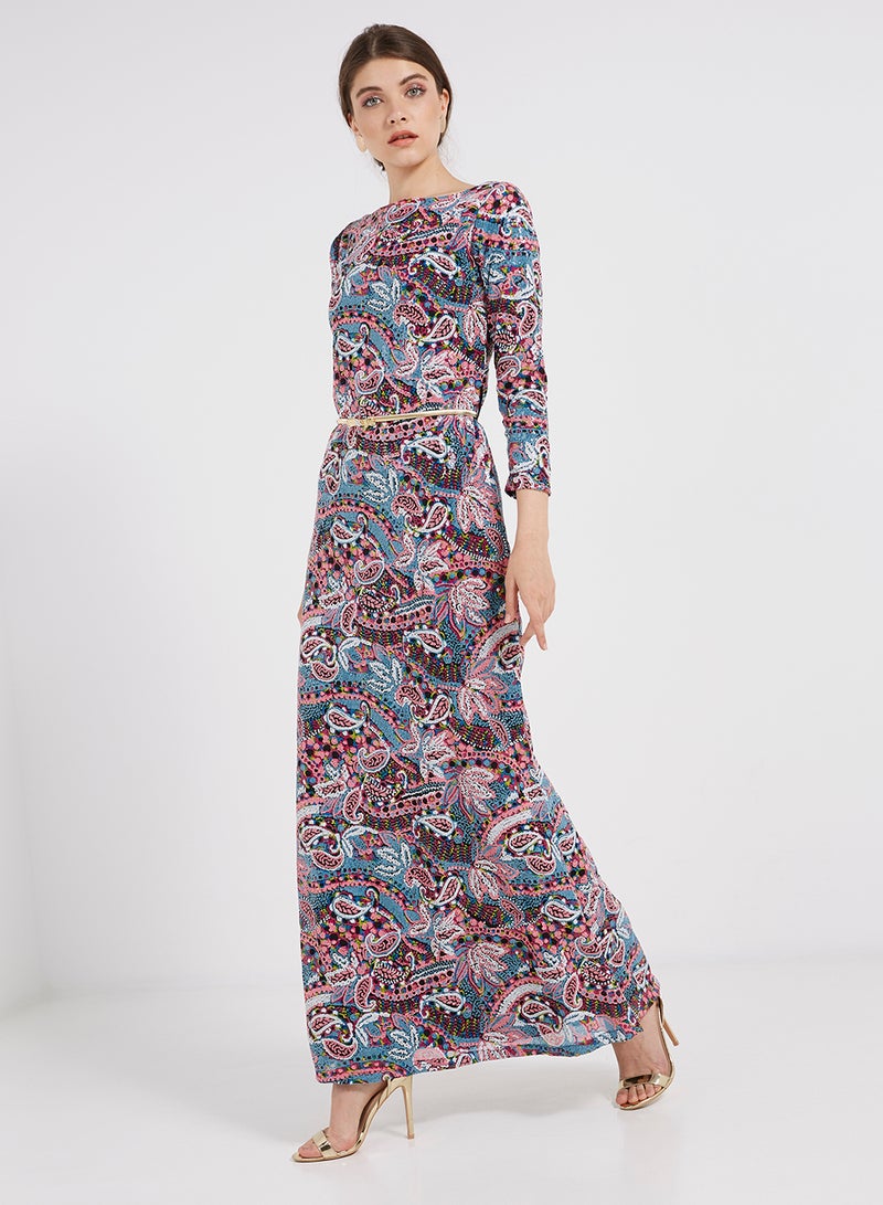 Sequin Detailed Three Quarter Sleeves Maxi Dress Multicolour