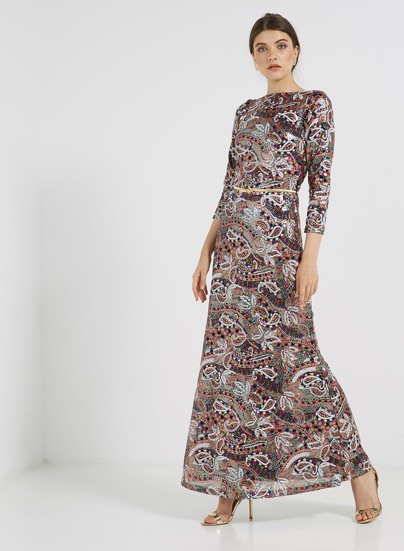 Sequin Detailed Three Quarter Sleeves Maxi Dress Multicolour