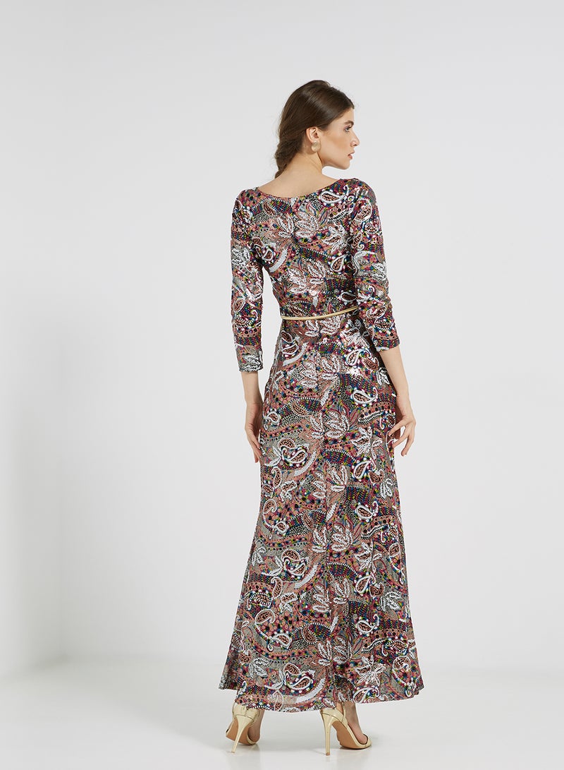 Sequin Detailed Three Quarter Sleeves Maxi Dress Multicolour