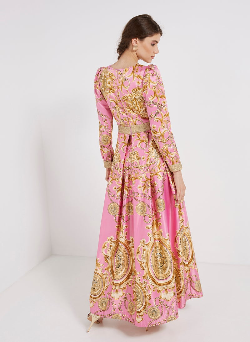 Printed Frill Detailed Maxi Dress Pink/Gold