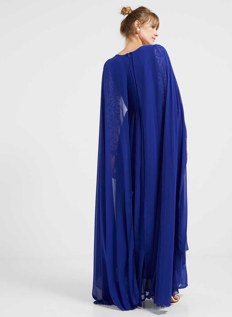 Flared Hemline Long Sleeves Maxi Dress Blue/Gold