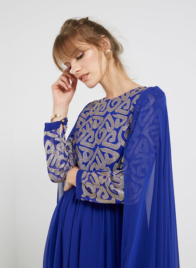 Flared Hemline Long Sleeves Maxi Dress Blue/Gold