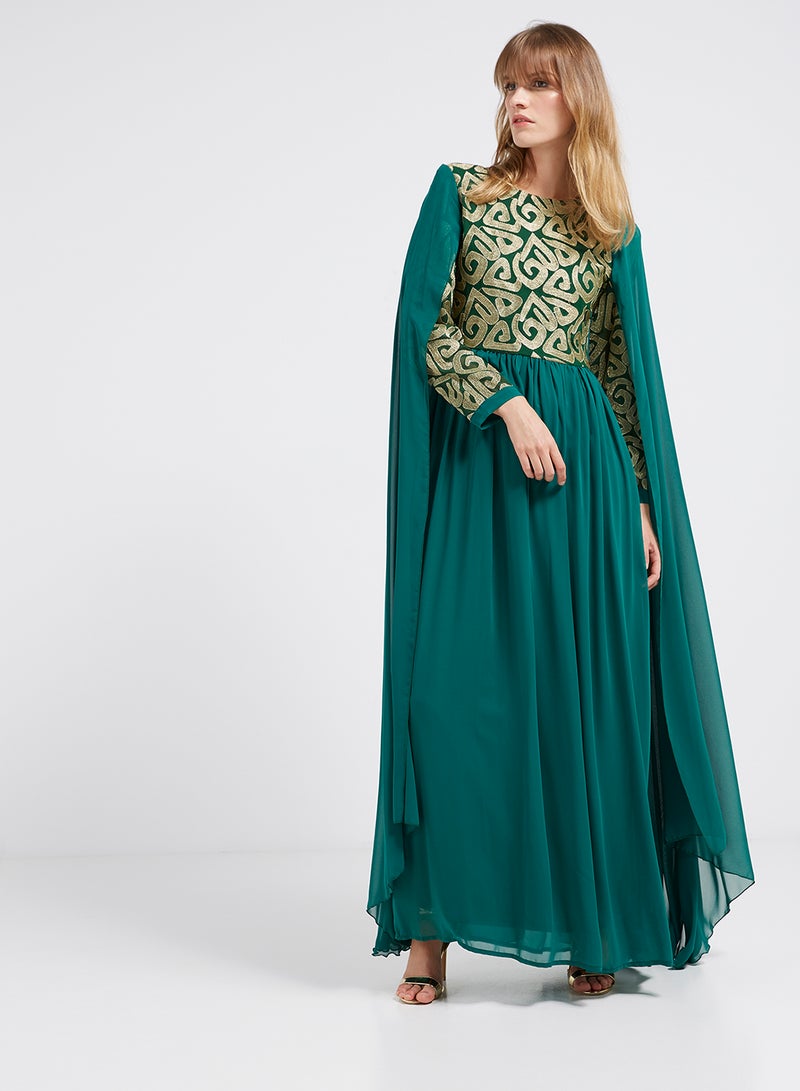 Flared Hemline Long Sleeves Maxi Dress Green/Gold