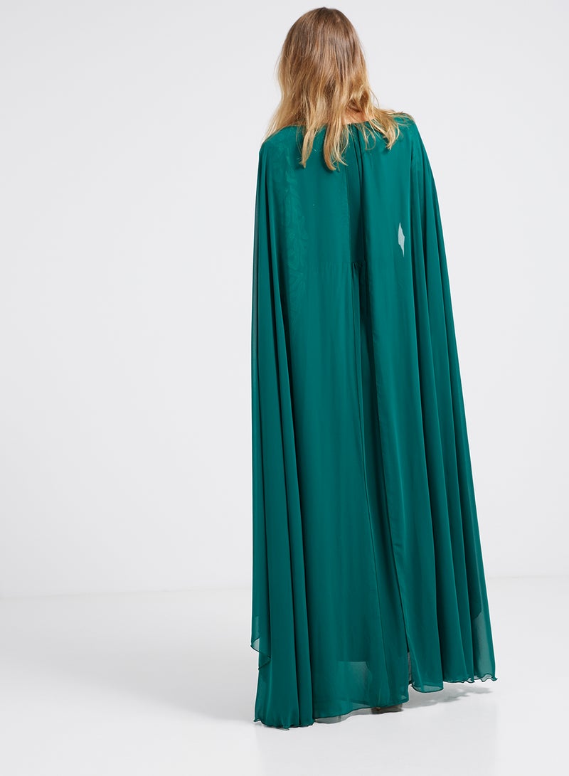 Flared Hemline Long Sleeves Maxi Dress Green/Gold