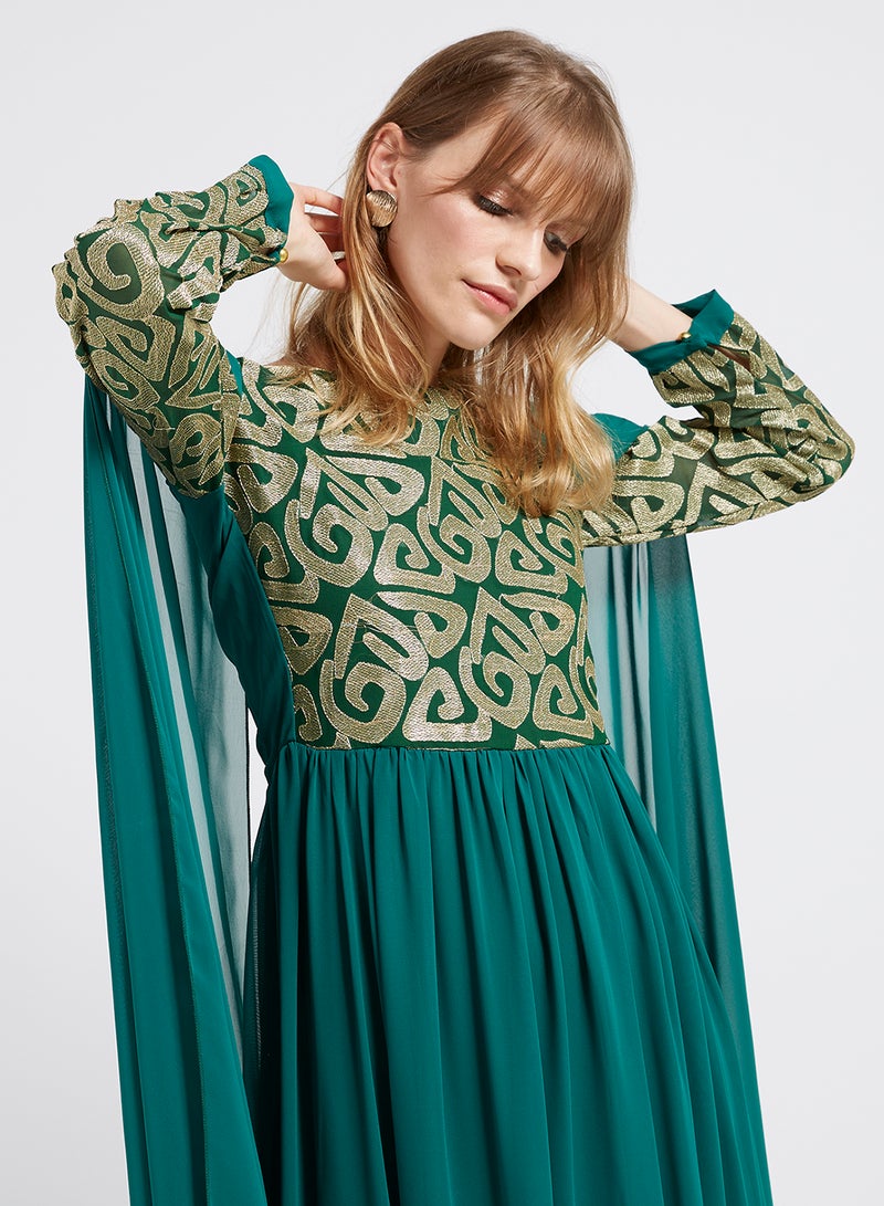 Flared Hemline Long Sleeves Maxi Dress Green/Gold