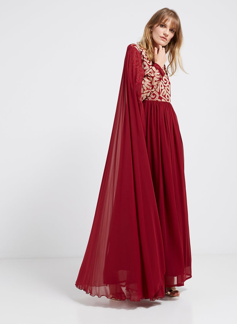 Flared Hemline Long Sleeves Maxi Dress Maroon/Gold