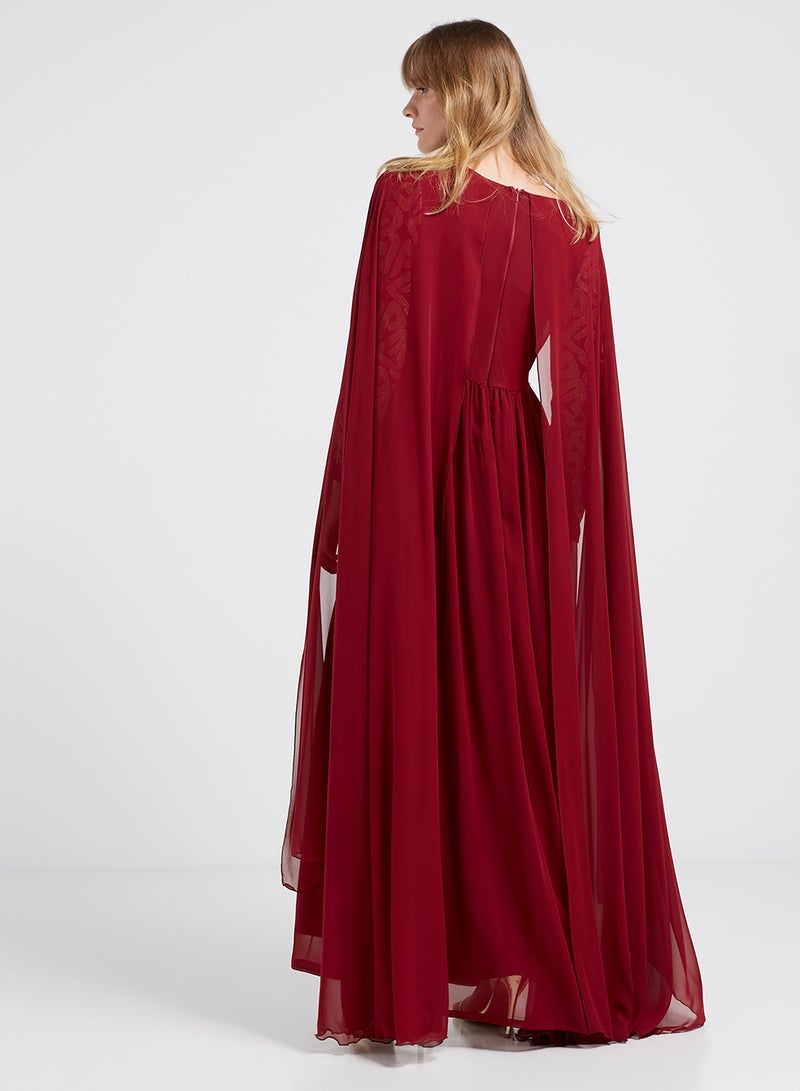 Flared Hemline Long Sleeves Maxi Dress Maroon/Gold