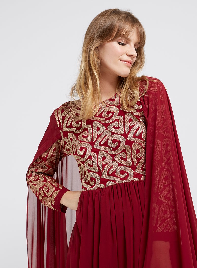 Flared Hemline Long Sleeves Maxi Dress Maroon/Gold